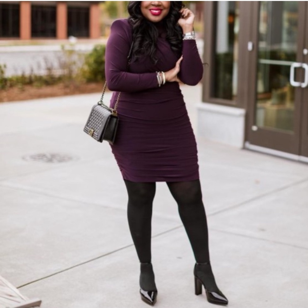 Express Ruched Mock Neck Strong Shoulder Back Cutout Mini Purple Dress Small